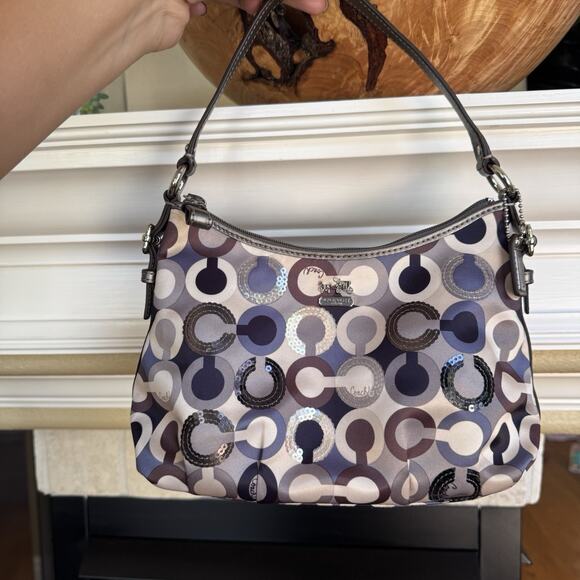 Coach Madison Sateen Demi Bag in the Op Art sequin blue/gray pattern - Picture 1 of 7